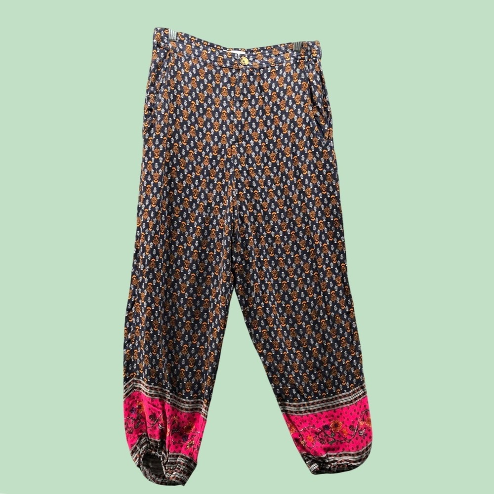 Anthropologie Printed Harem Pants Womens 6 Blue Pink Hem Cinched Jogger